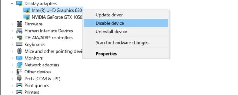Device Manager windows disabling Intel HD Graphics