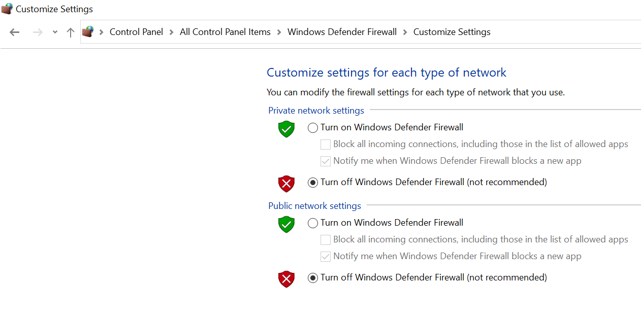 Disable the Windows firewall