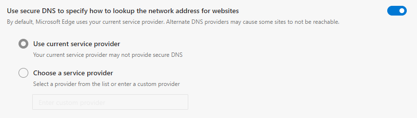 Edge DNS over HTTPS settings