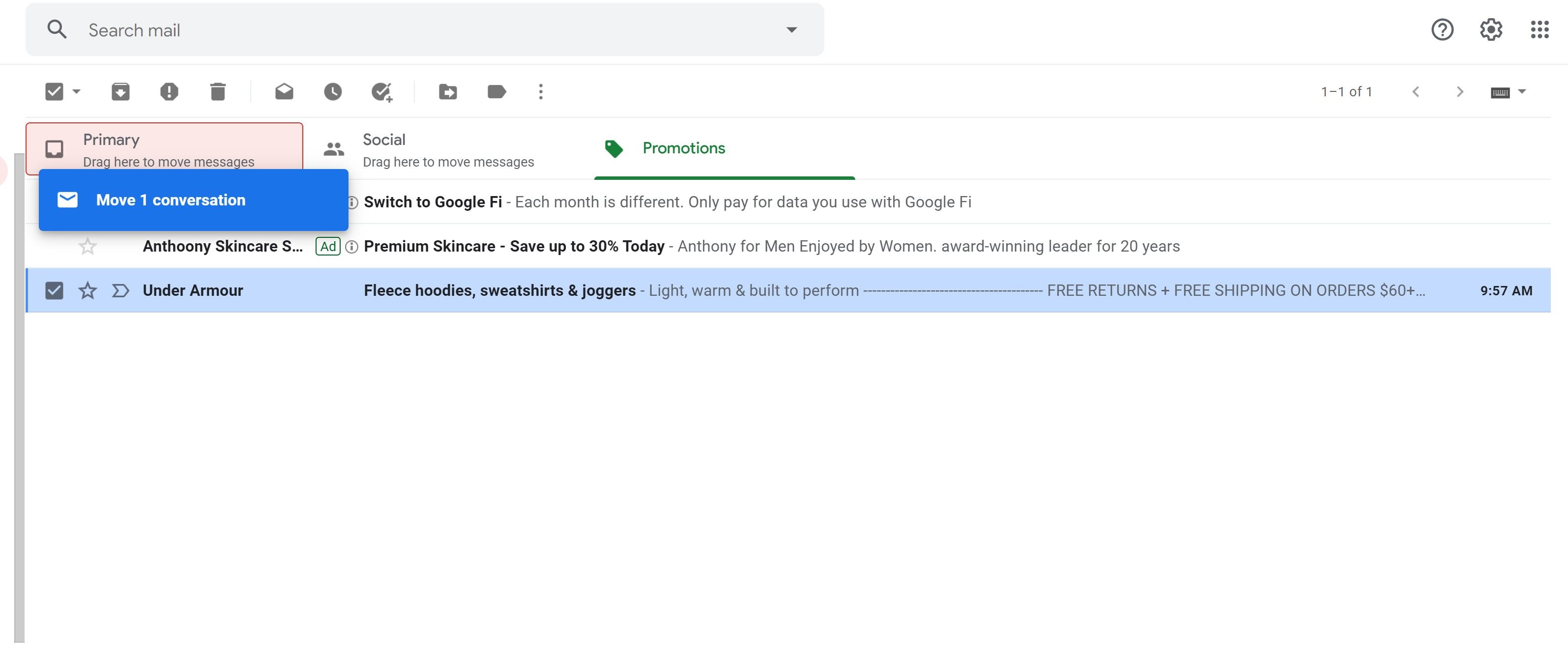 dragging email from promotions to primary gmail