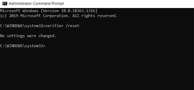 reset driver verifier using command prompt