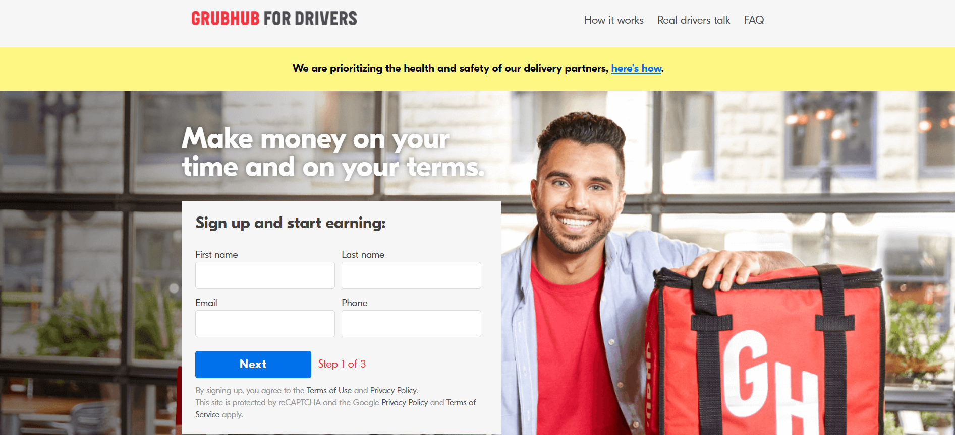 GrubHub For Drivers homepage