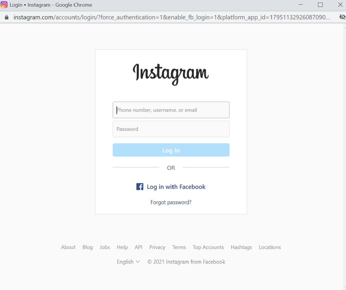 Instagram login page redirected from Facebook business page Settings
