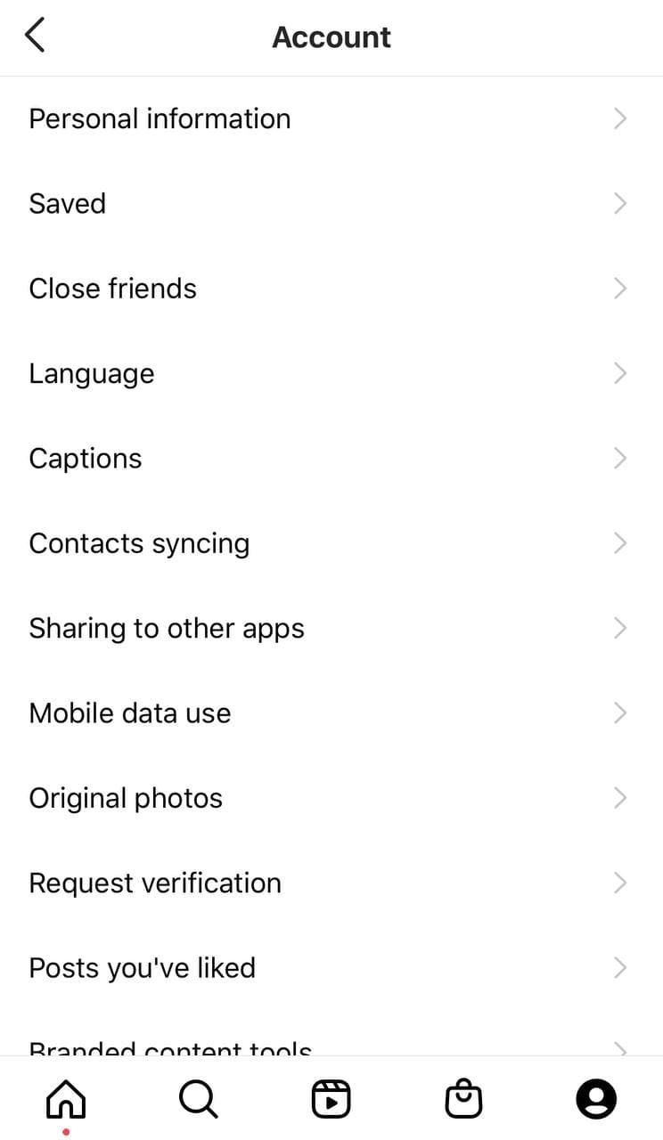 Mobile screenshot of settings page on Instagram