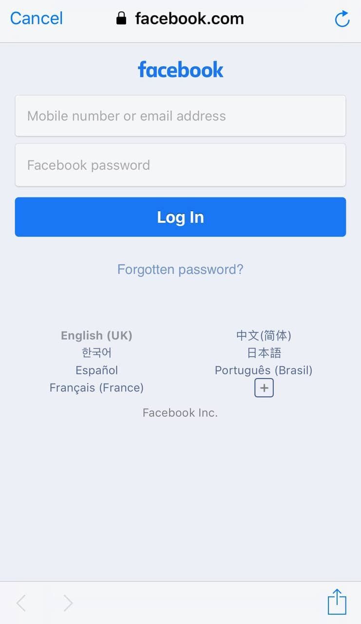 Mobile screenshot of Facebook login page via Instagram