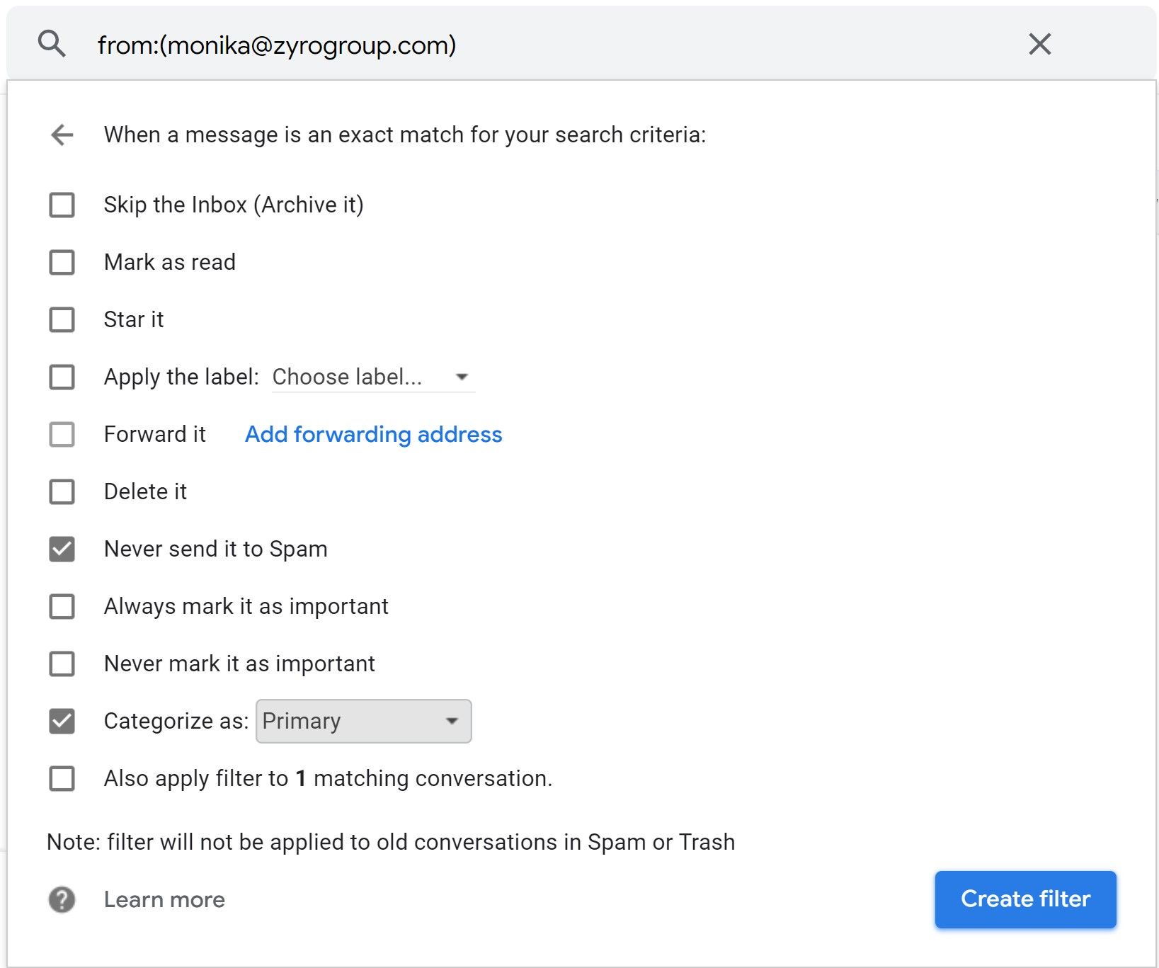 Selecting filtering options for messages in Gmail