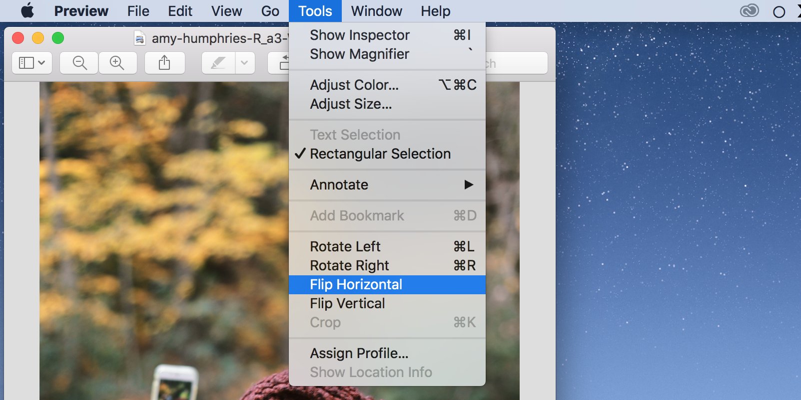 Flip photos option in Preview menu on a Mac.