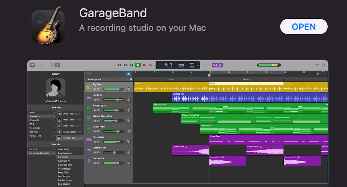 The GarageBand search result on the App Store.