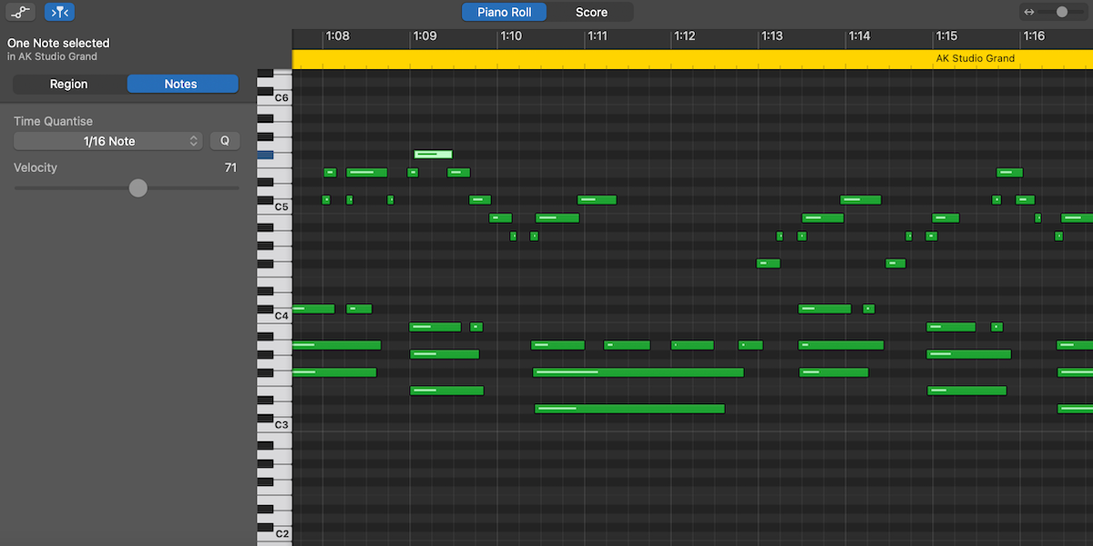 The piano roll of a MIDI track on GarageBand.