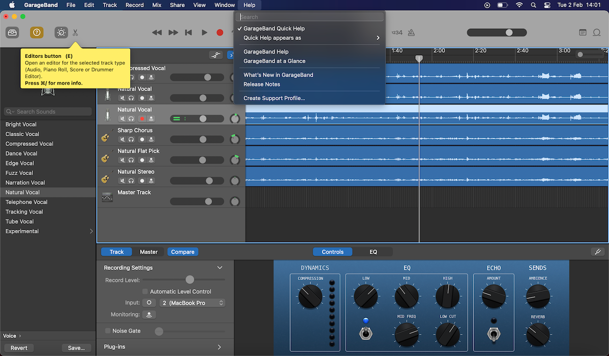 A project on GarageBand with the "GarageBand Quick Help" feature enabled.