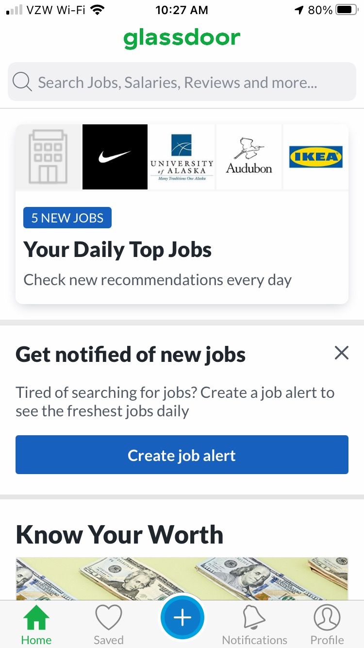 Homescreen in the Glassdoor app showing job recommendations, search bar, and a prompt to sign up for job alerts