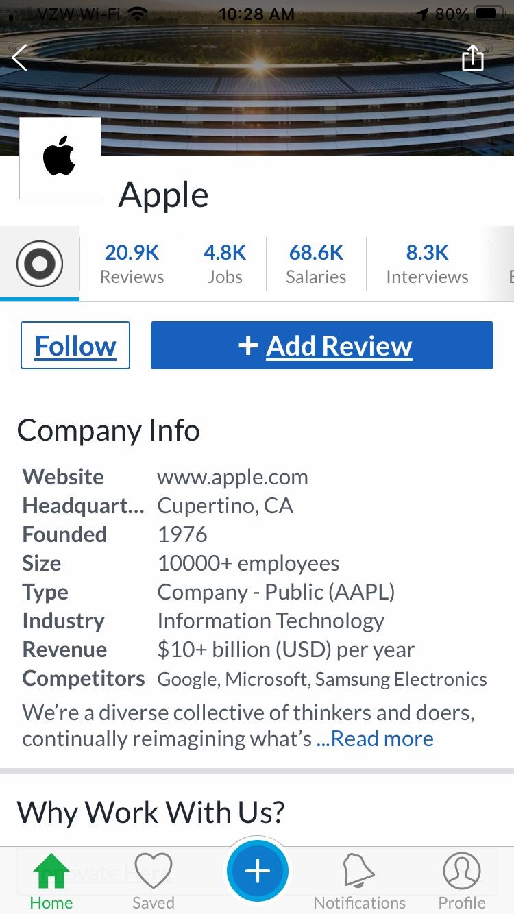Company profile for Apple shown in Glassdoor. Company information such as headquarter location, size, and website is shown