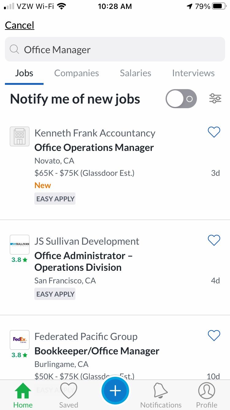 Job search results listed in the Glassdoor app