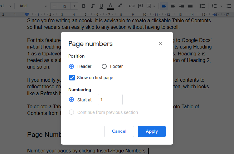 Google Docs ebook page number layout