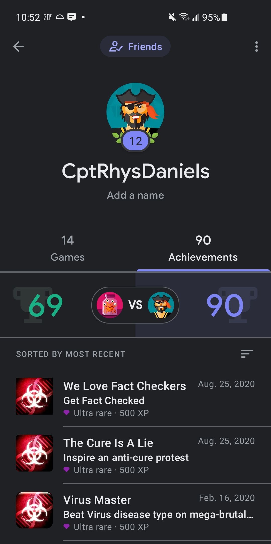 Google Play Games displaying two profiles' level and achievements side by side