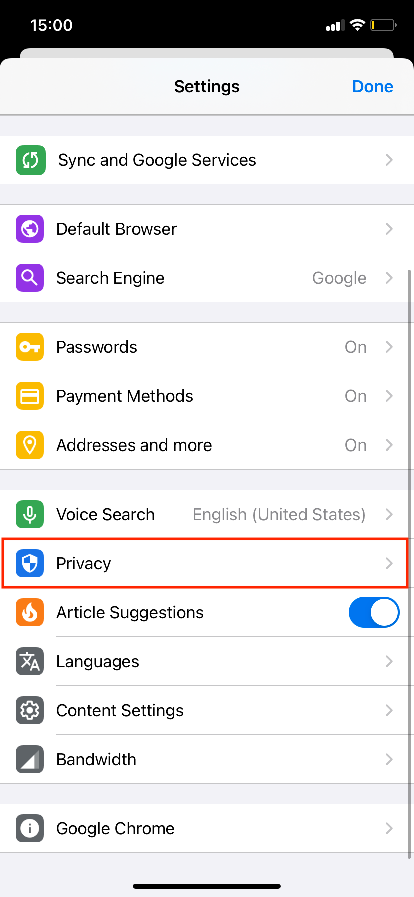privacy chrome settings on iPhone