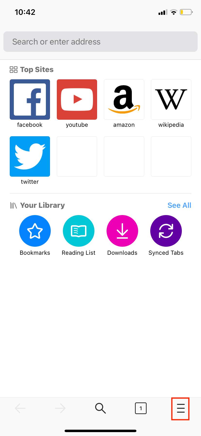 Firefox settings menu on iPhone