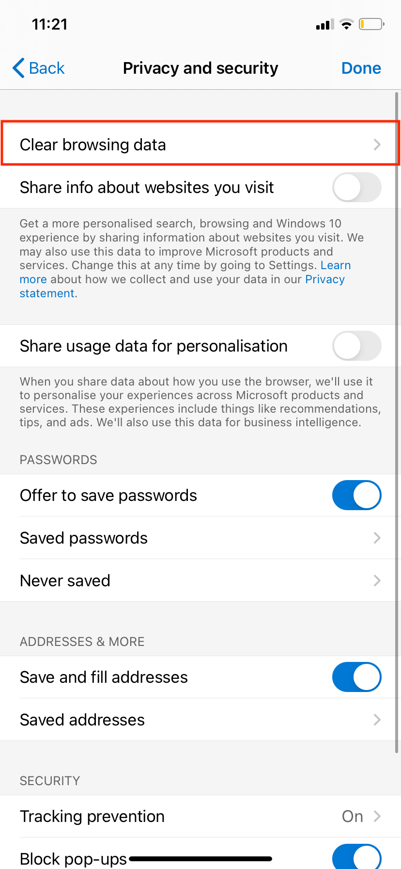 clear browsing data on Microsoft Edge iPhone