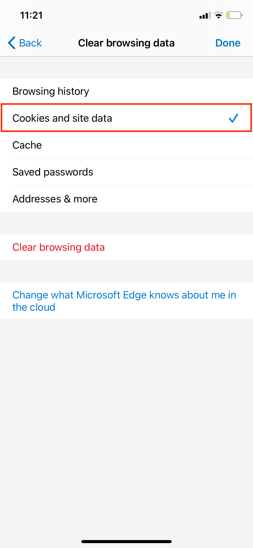 delete cookies and site data on Microsoft Edge iPhone