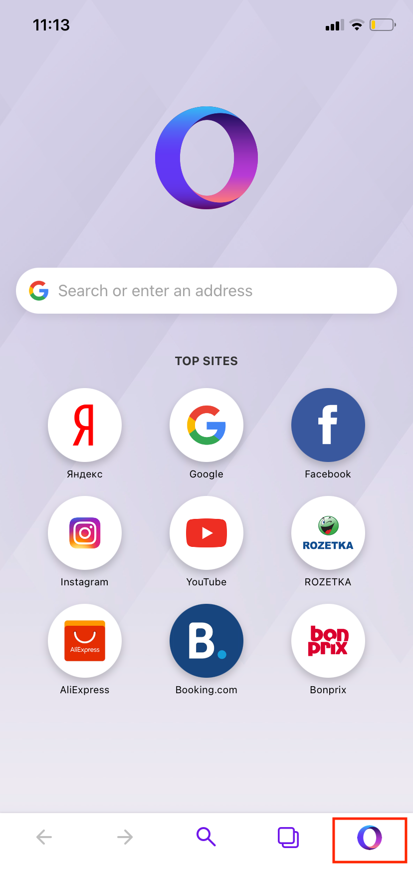 opera touch menu on iPhone