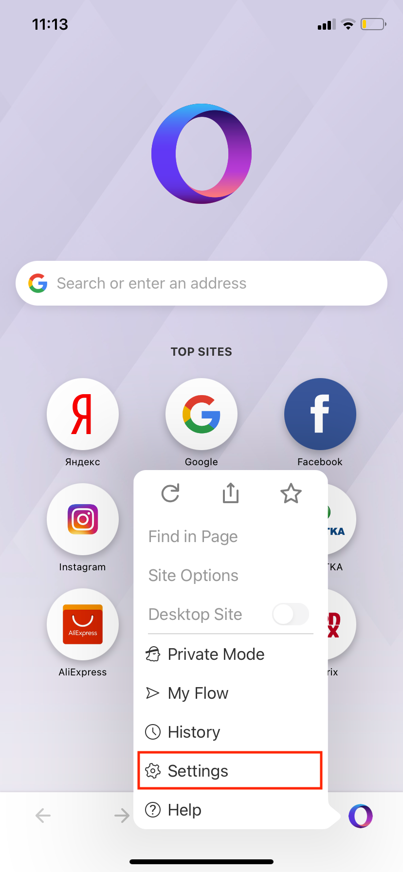 Opera Touch settings on iPhone