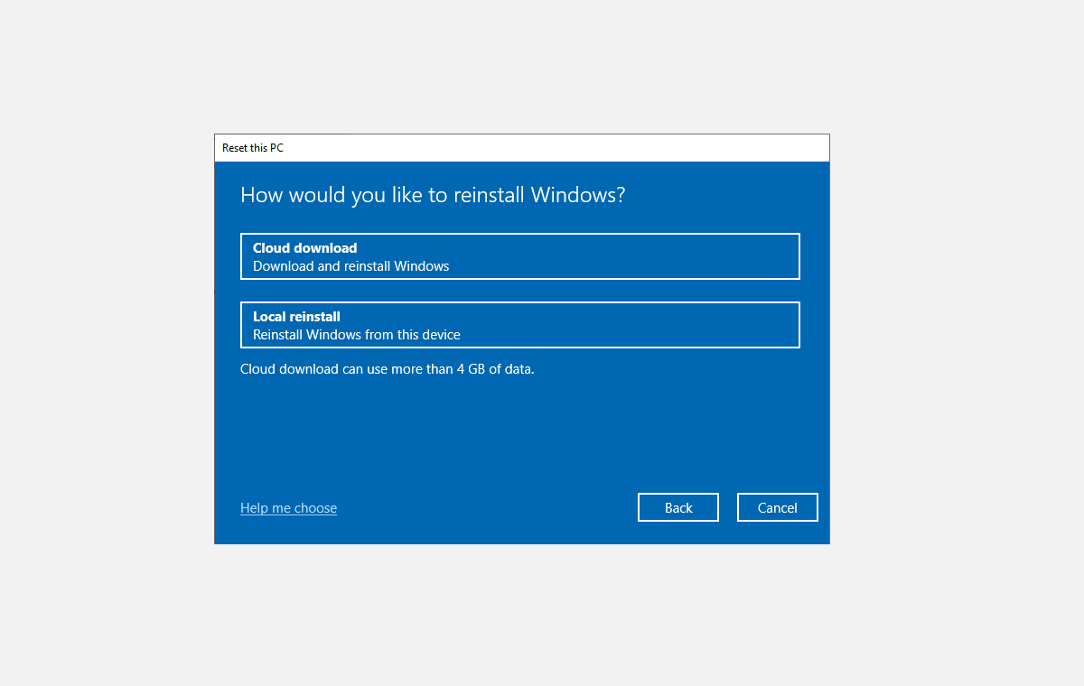 choose how to reinstall your pc: cloud or locally