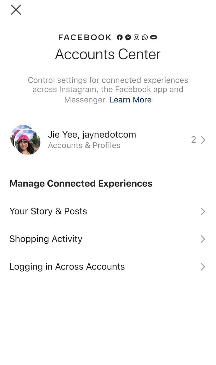 Mobile screenshot of linked accounts on Accounts Center on Instagram settings