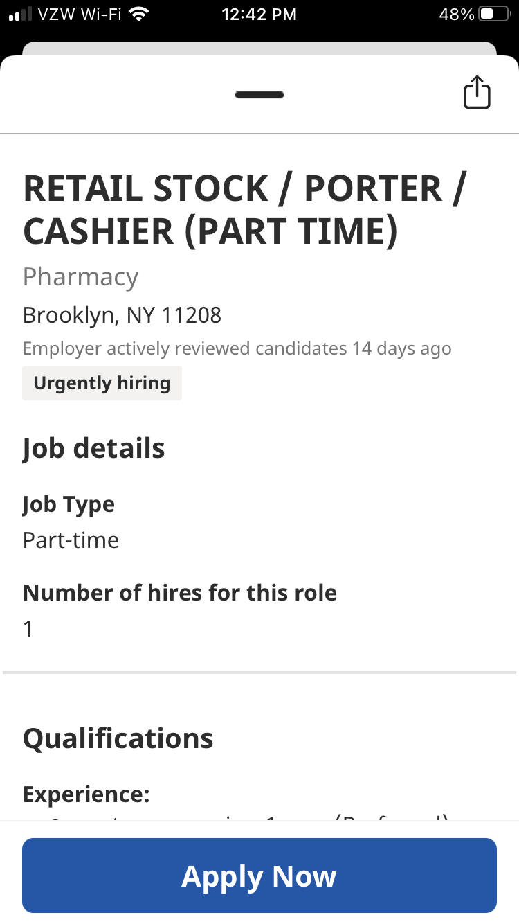 Job posting with details, job title, and location shown in the Indeed app.