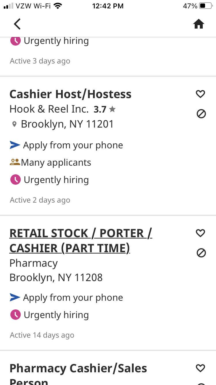 Job search results in the Indeed app