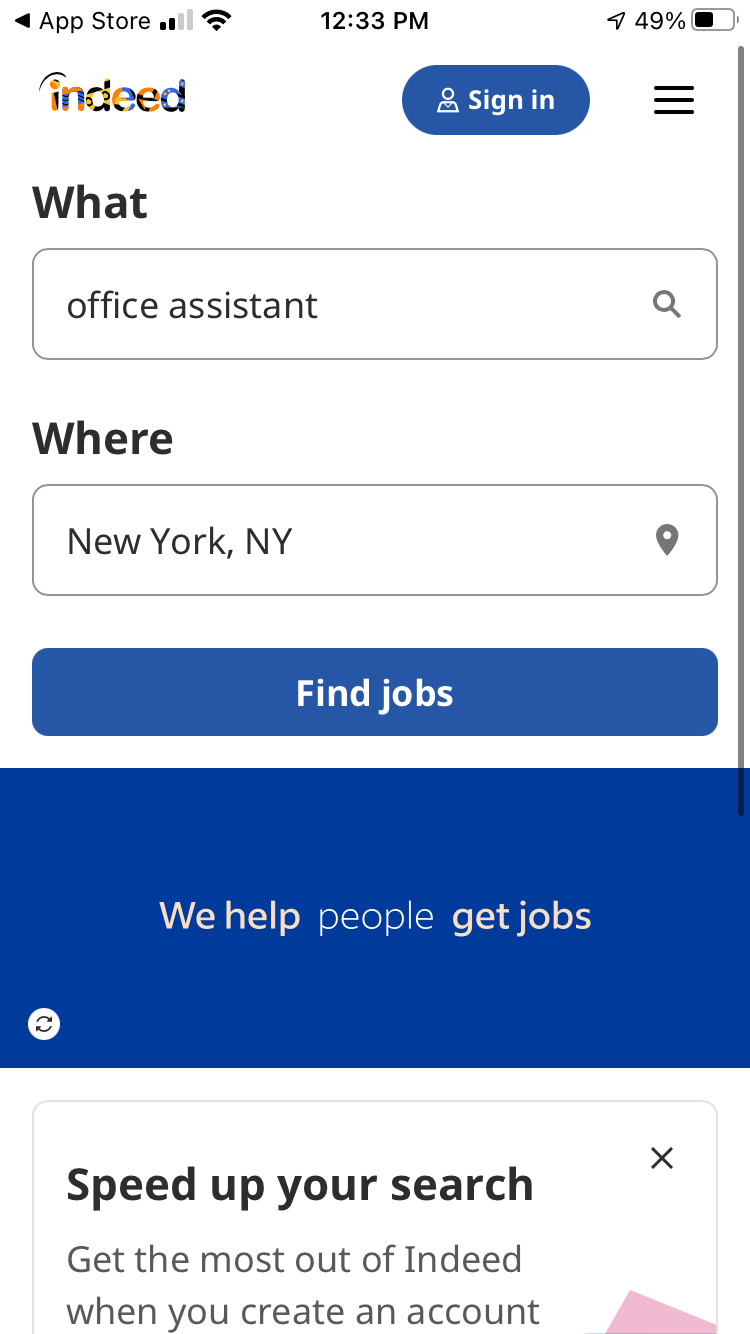 Job search home screen in the Indeed app