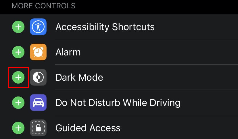 iPhone add dark mode to control center setting