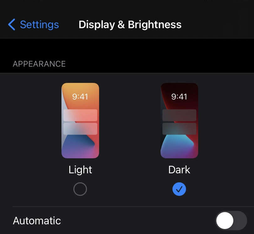 iPhone Dark Mode Settings