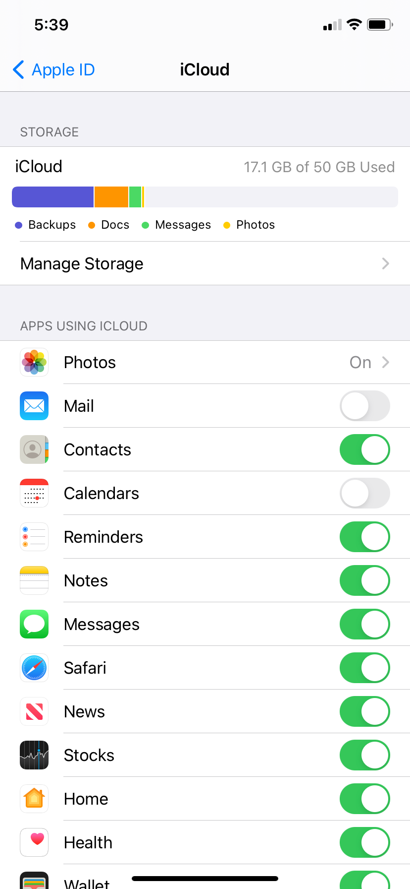 A view of the iCloud page within Settings on an iPhone XR