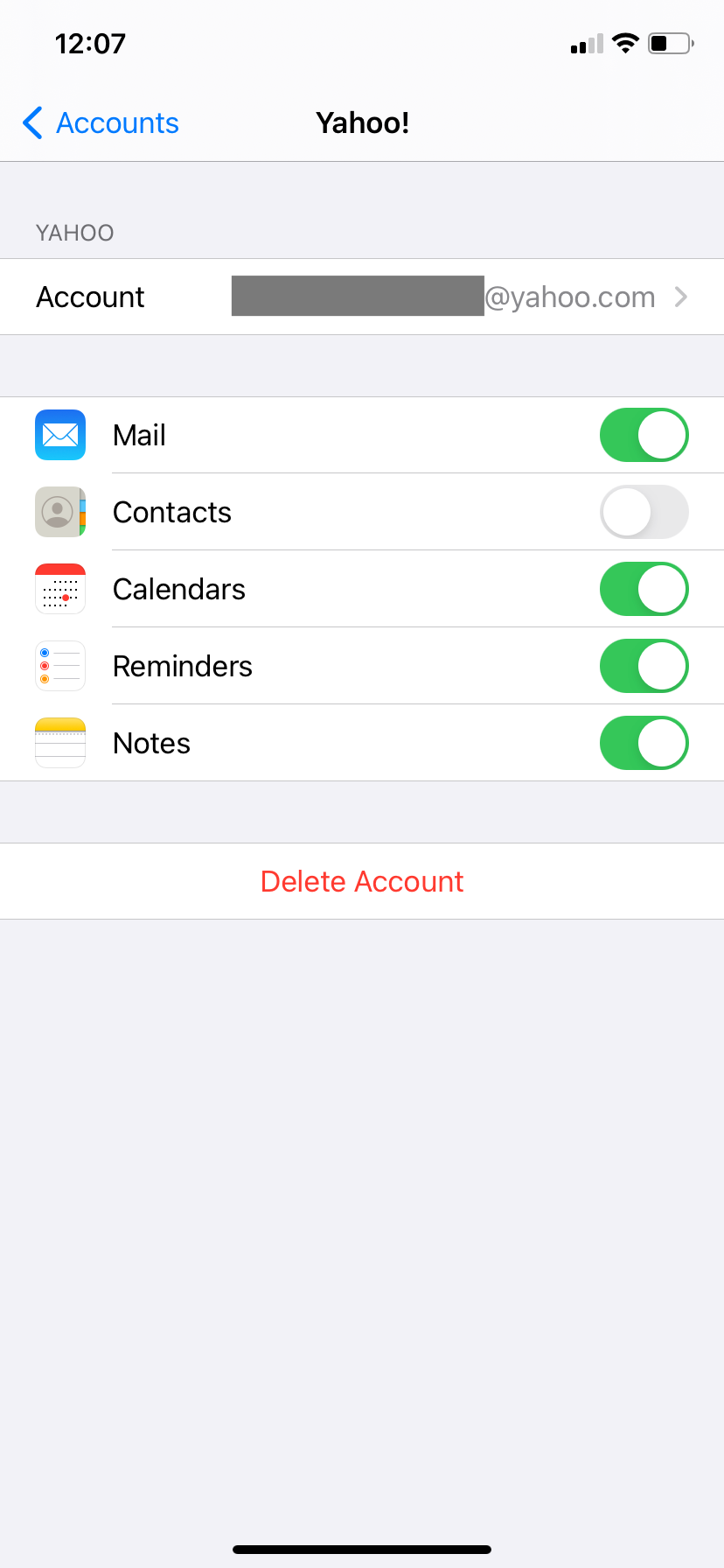 The Yahoo account page within the Notes accounts settings on an iPhone XR