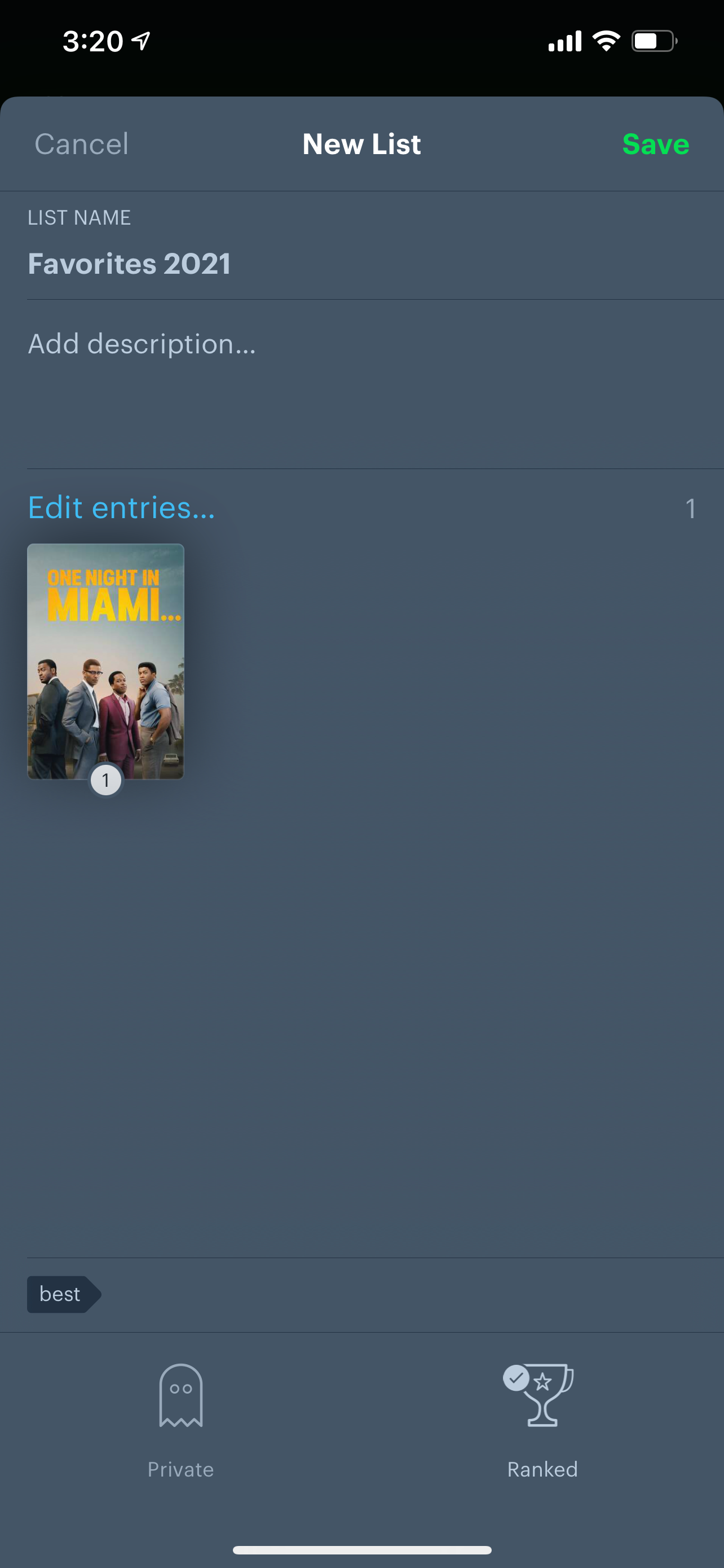 Create list in Letterboxd app