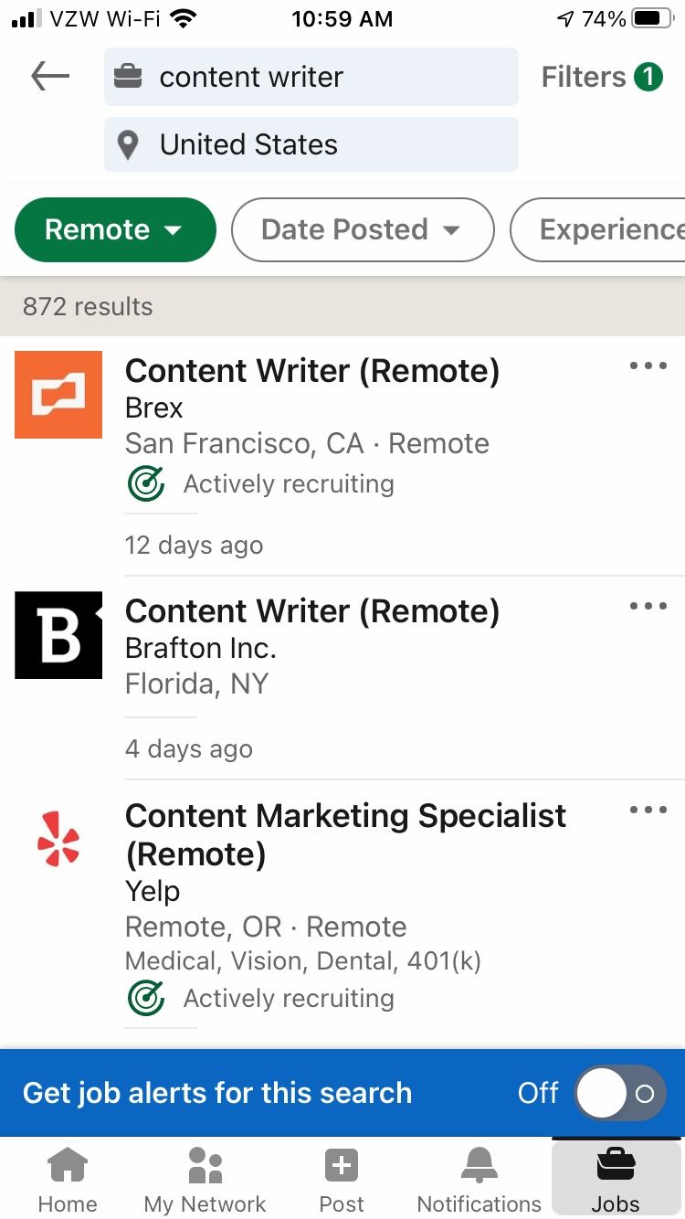 Job search results displayed in the LinkedIn app