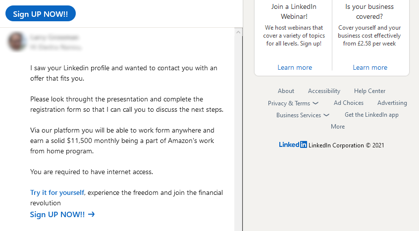 LinkedIn Message With Job Offer and Links