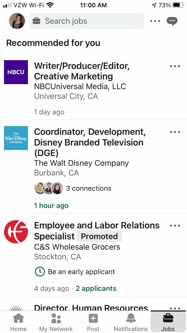 Recommended jobs are listed in the LinkedIn App