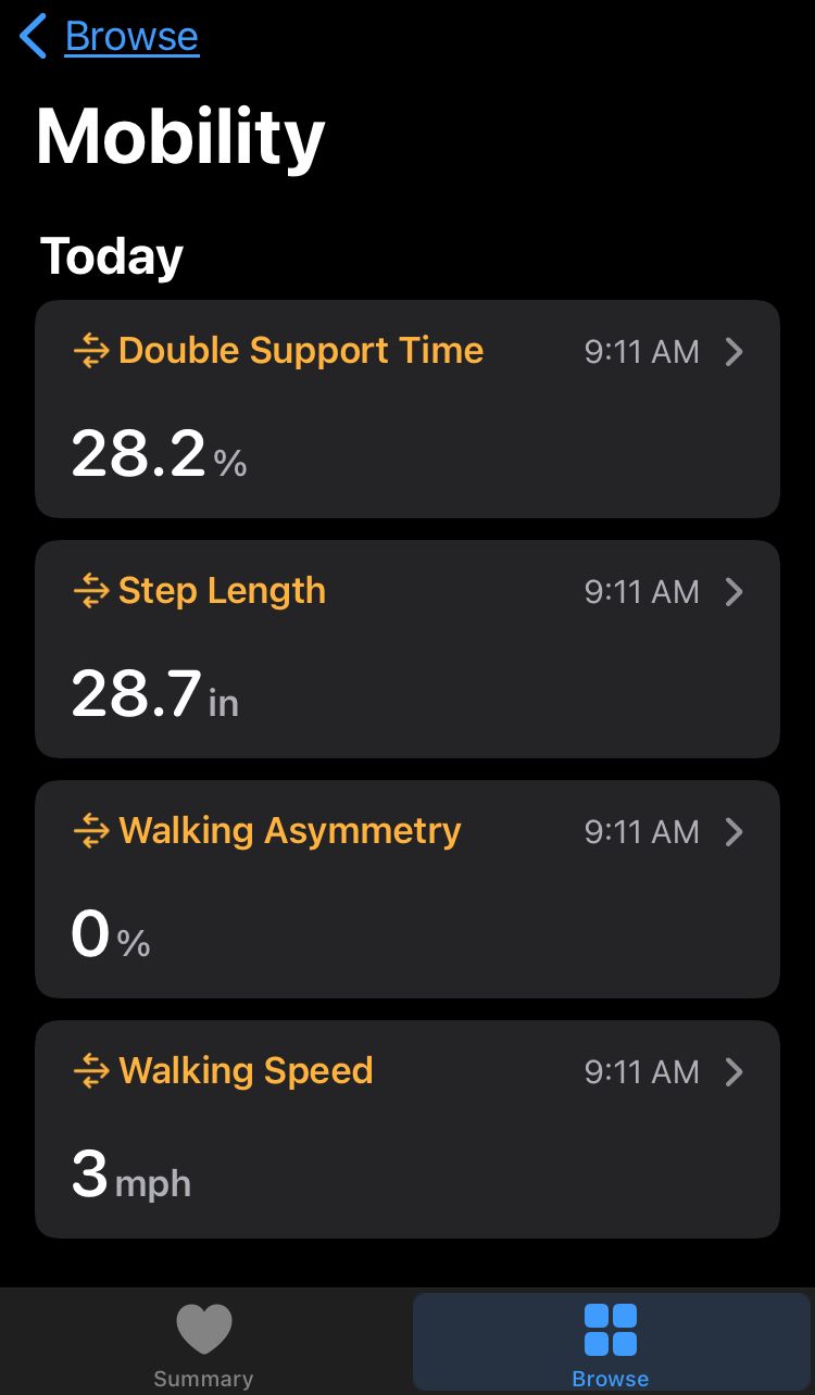 Mobility overview screen in Apple Health App