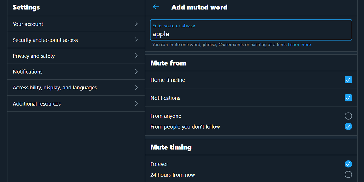 Adding a word to mute on Twitter