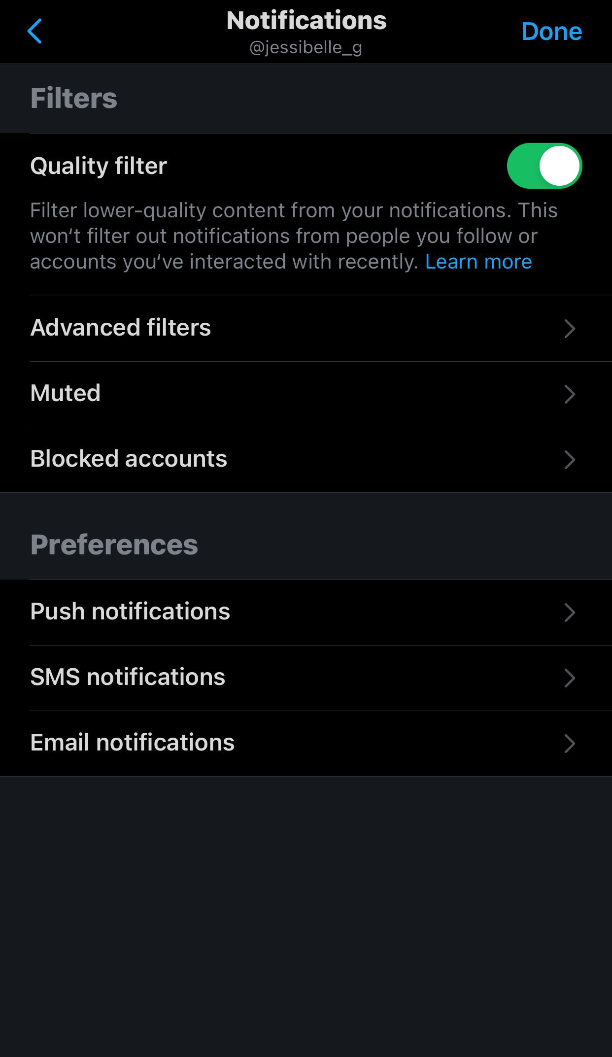 Screenshot of the Twitter notification settings