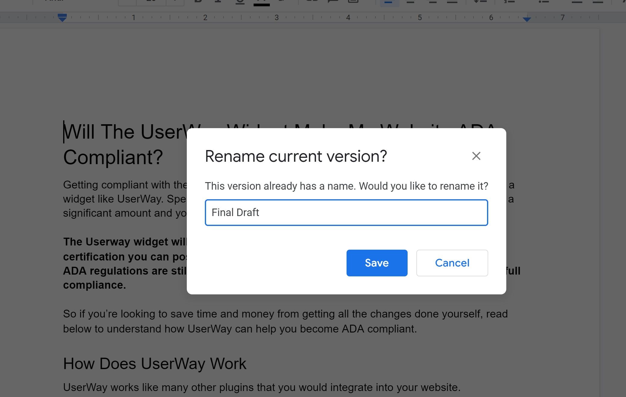 popup to name current version in google docs