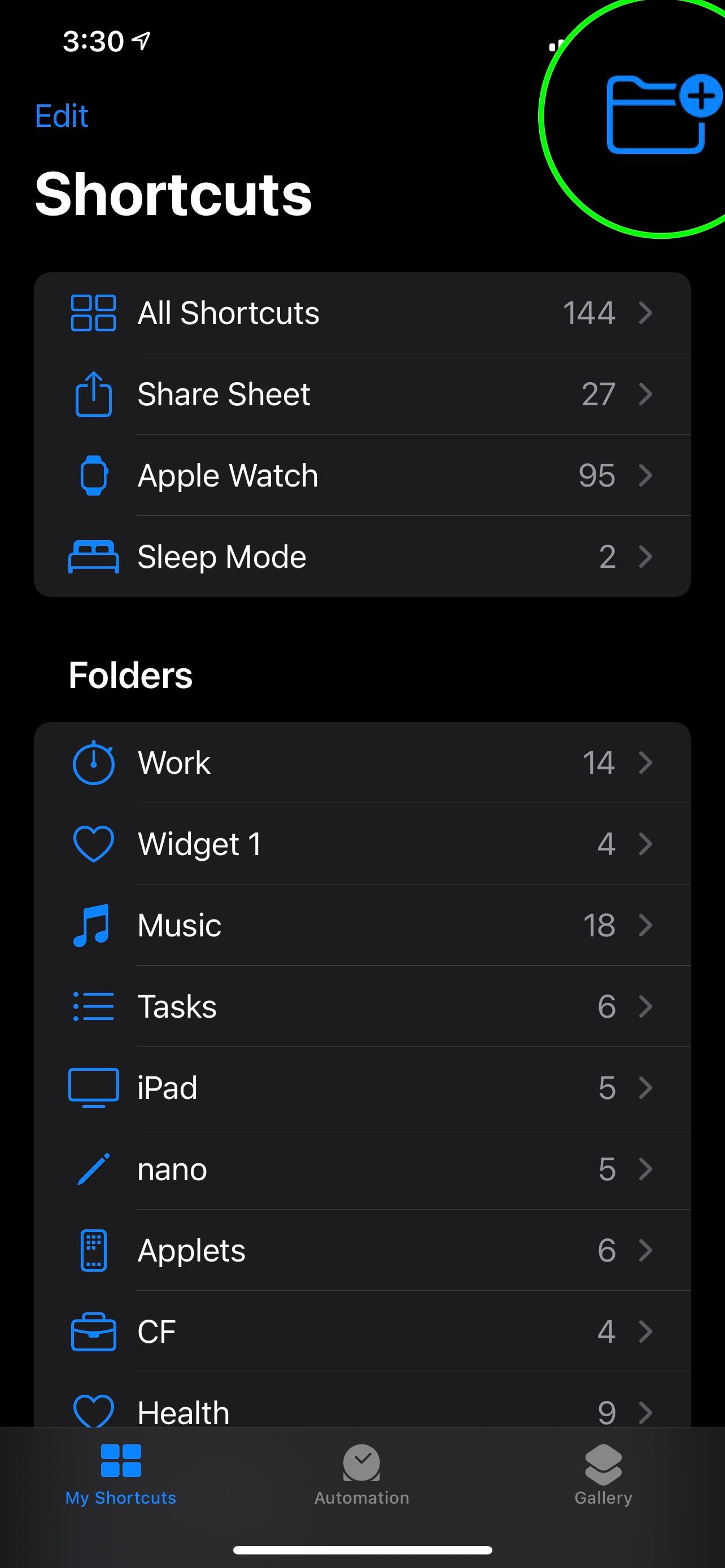 Adding a new Shortcuts folder to the list