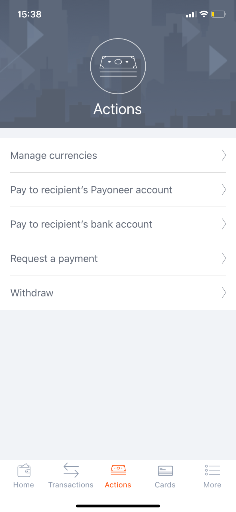 actions page on Payoneer app iPhone