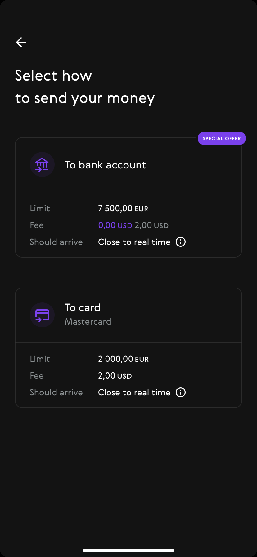 Paysend app choosing money transfer method