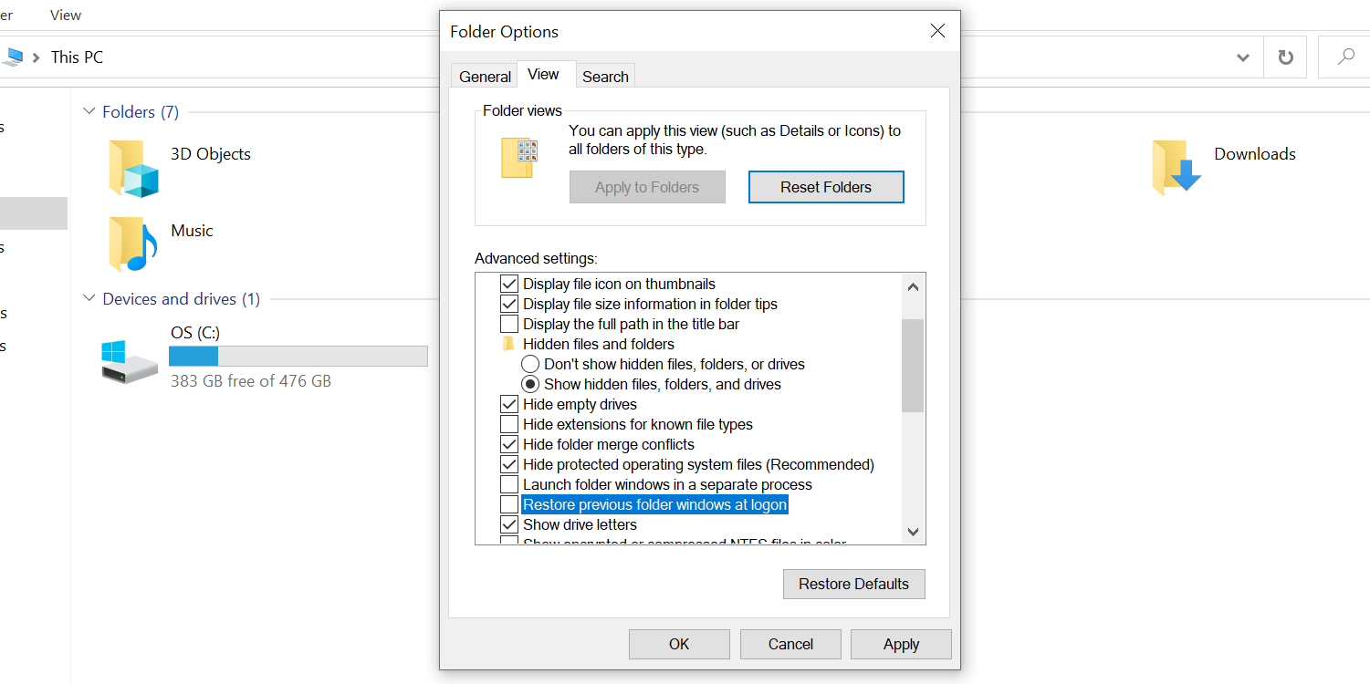 Prevent Windows 10 from reopening folders