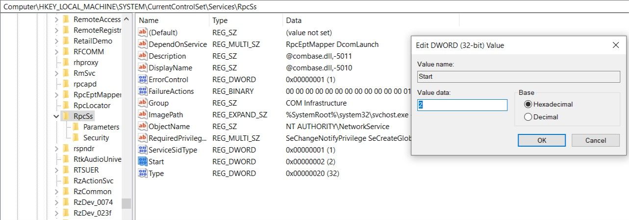 Caixa de diálogo de entrada do registro RpcsS