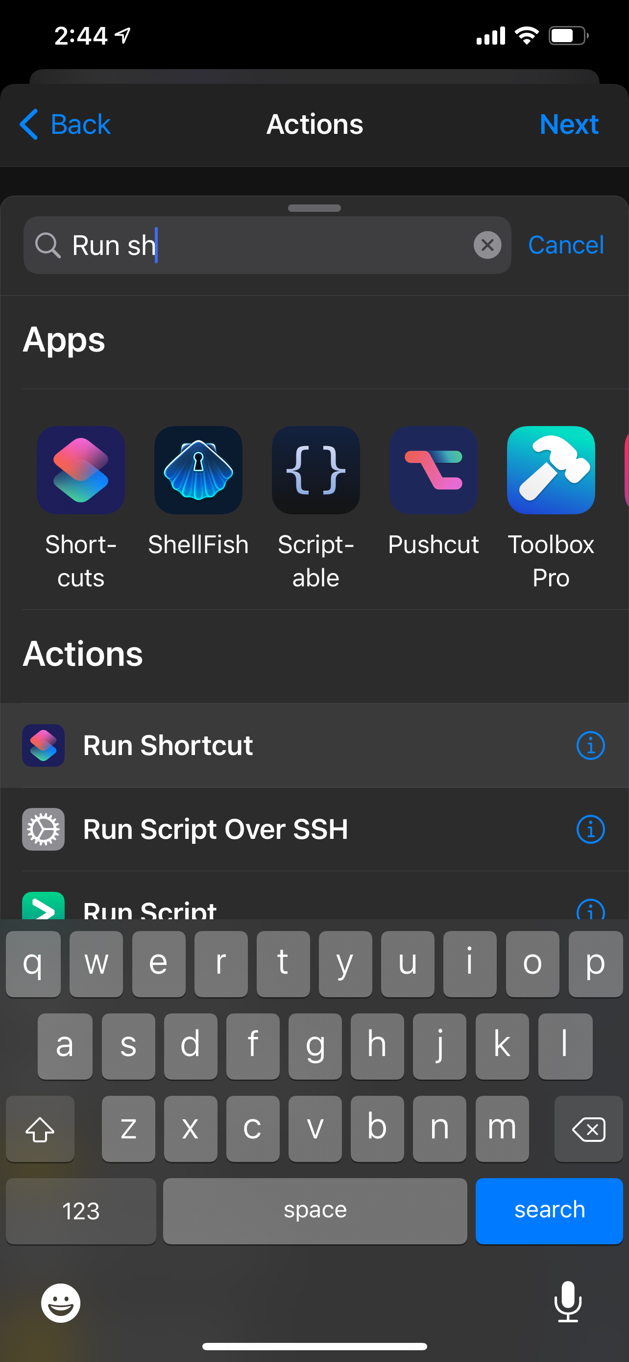 Run shortcut action in search results