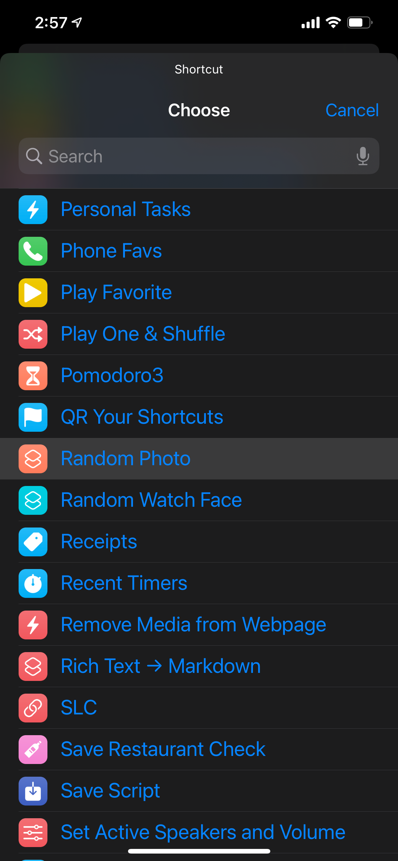 iOS run shortcut selection list
