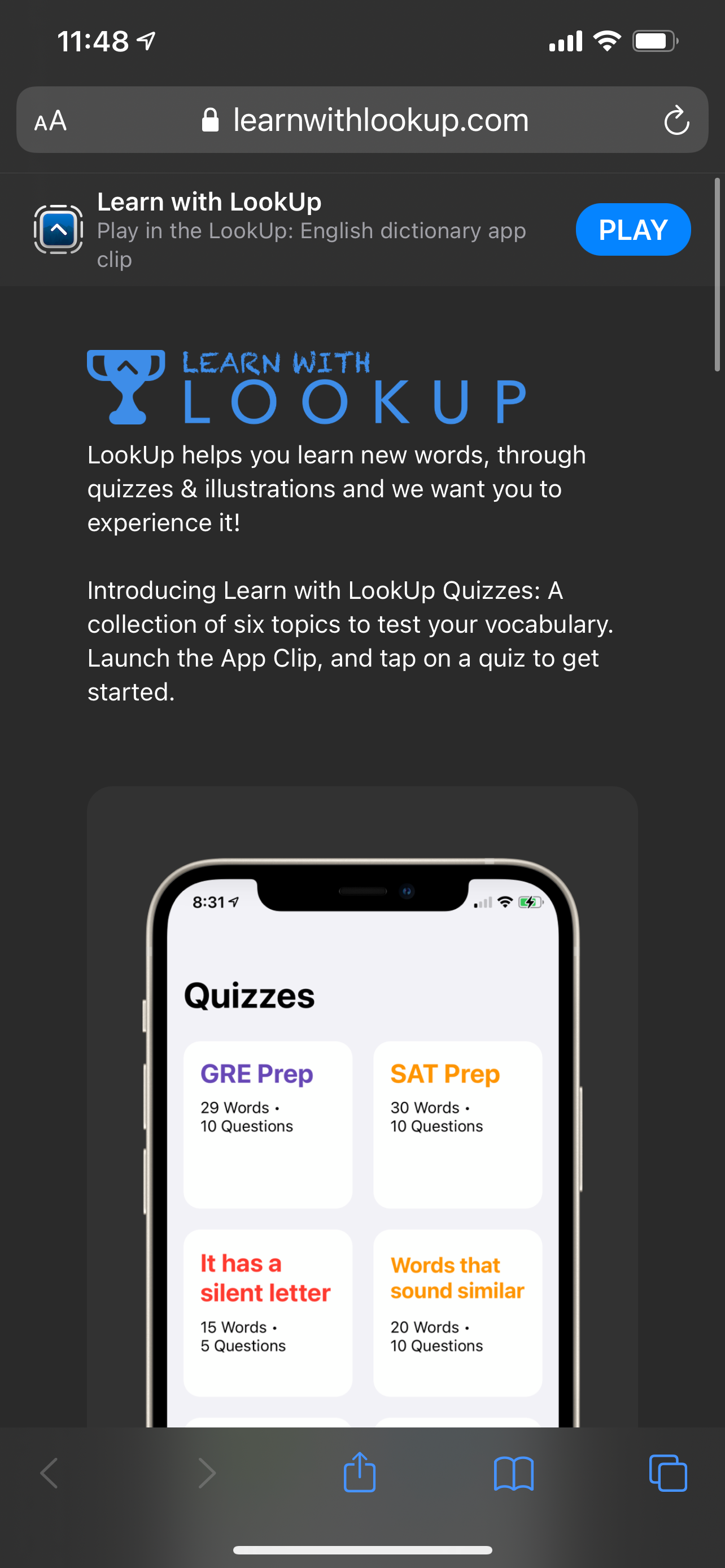 Safari App Clip banner for LookUp